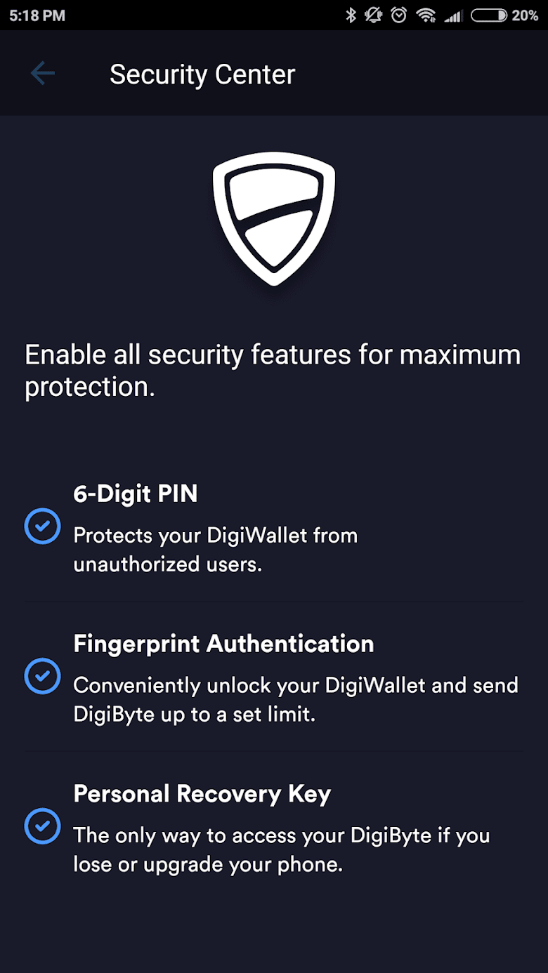 DigiByte wallet security center screenshot.