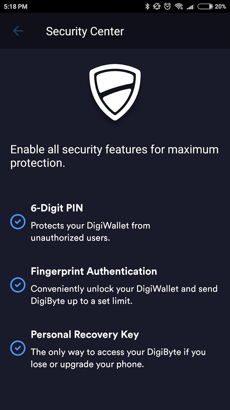 DigiByte for Android, V 2.0.3b2343, August 12, 2018 DigiByte wallet security center screenshot.