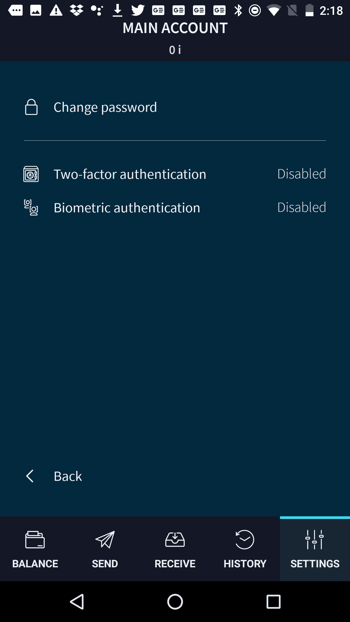 IOTA Trinity Wallet, V 0.5.0, September 14, 2018 Security settings screen in the IOTA app.