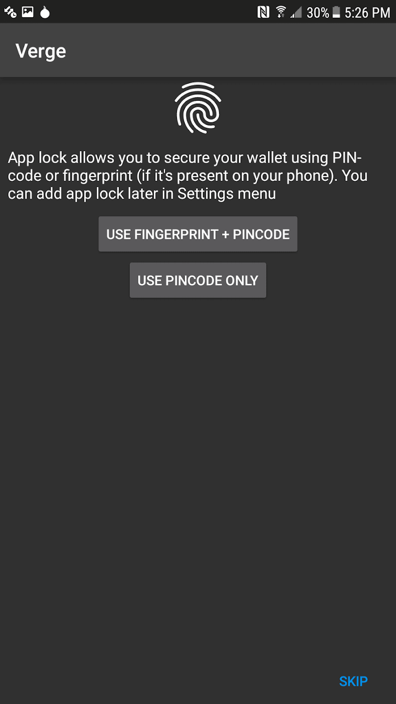 Verge Tor Wallet for Android, V 1.1, September 25, 2017 Verge wallet screenshot.