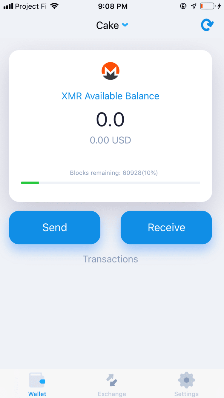 Cake Wallet, V 3.0.1, Sep 24, 2018 Cake Wallet home screen