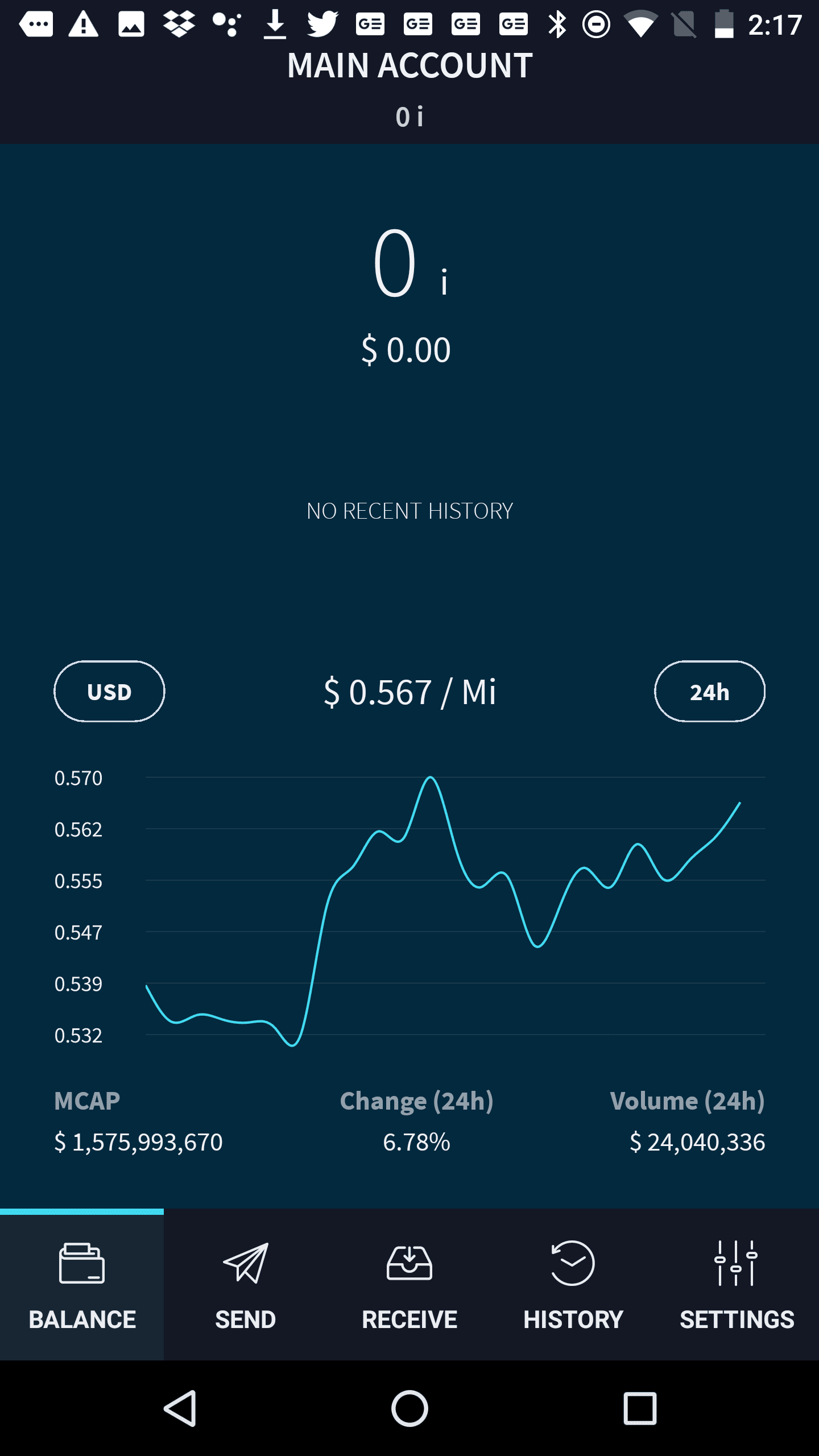 IOTA Trinity Wallet, V 0.5.0, September 14, 2018 Home screen in the IOTA app.
