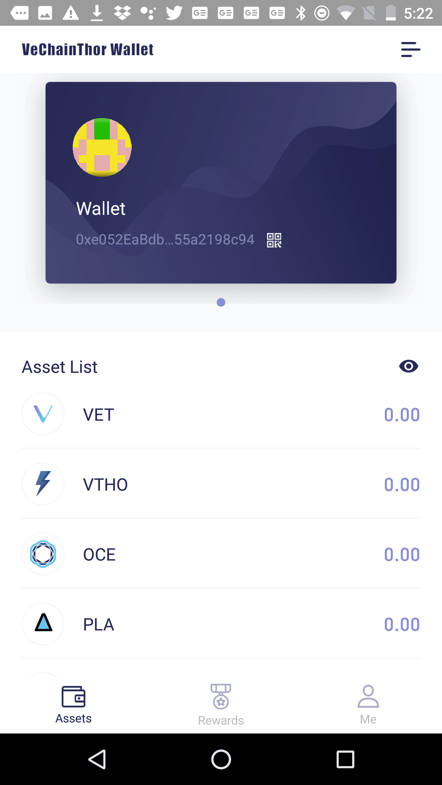 VeChainThor Wallet, V 1.2.0, September 7, 2018 Home screen in the VeChainThor app.