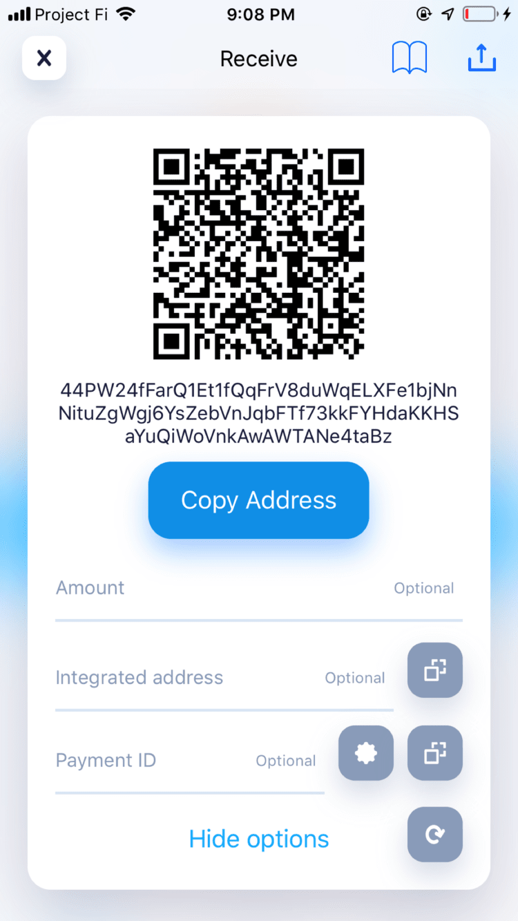 Cake Wallet receive screen