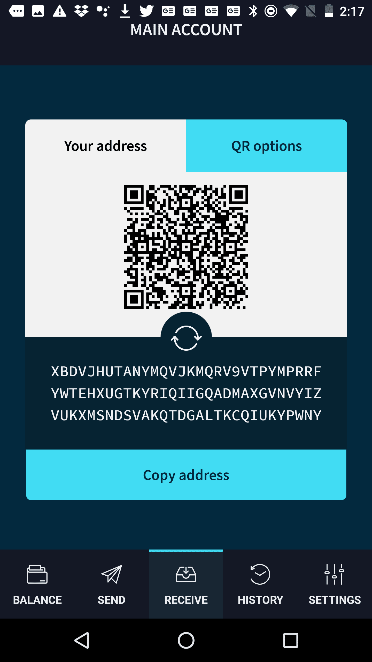 Receive screen in the IOTA app.
