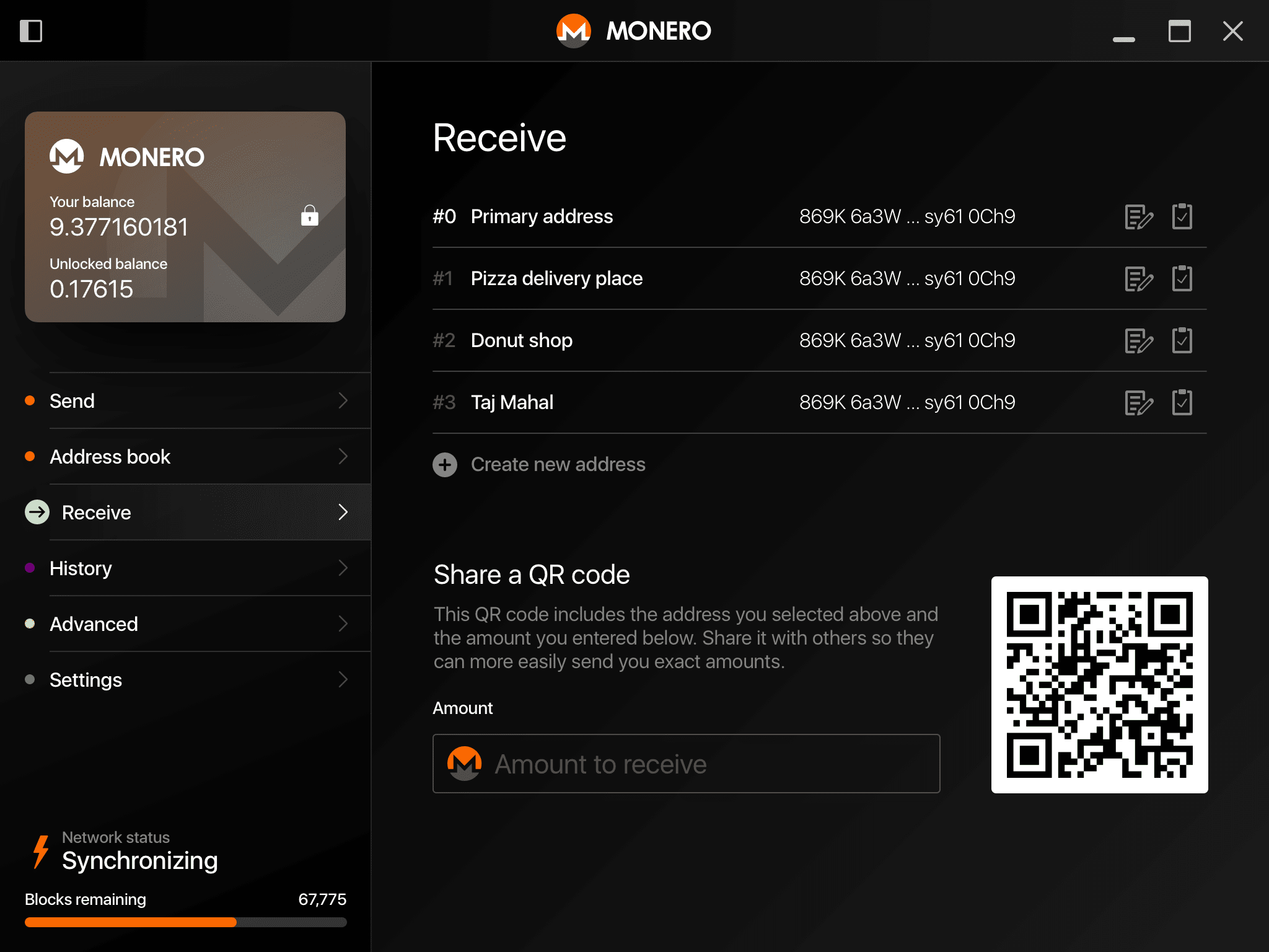 Monero desktop wallet - receive