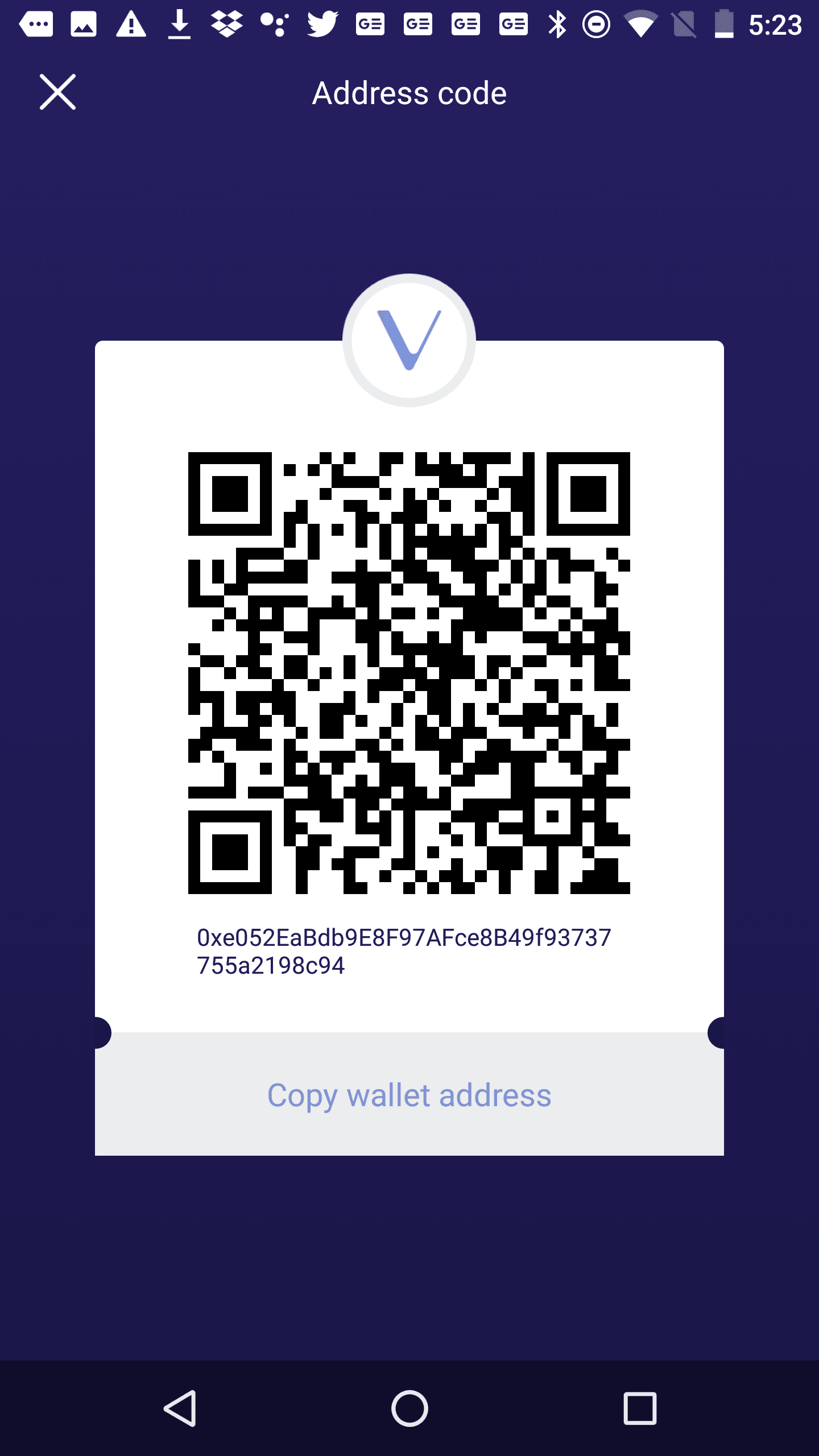 Receive screen in the VeChainThor app.