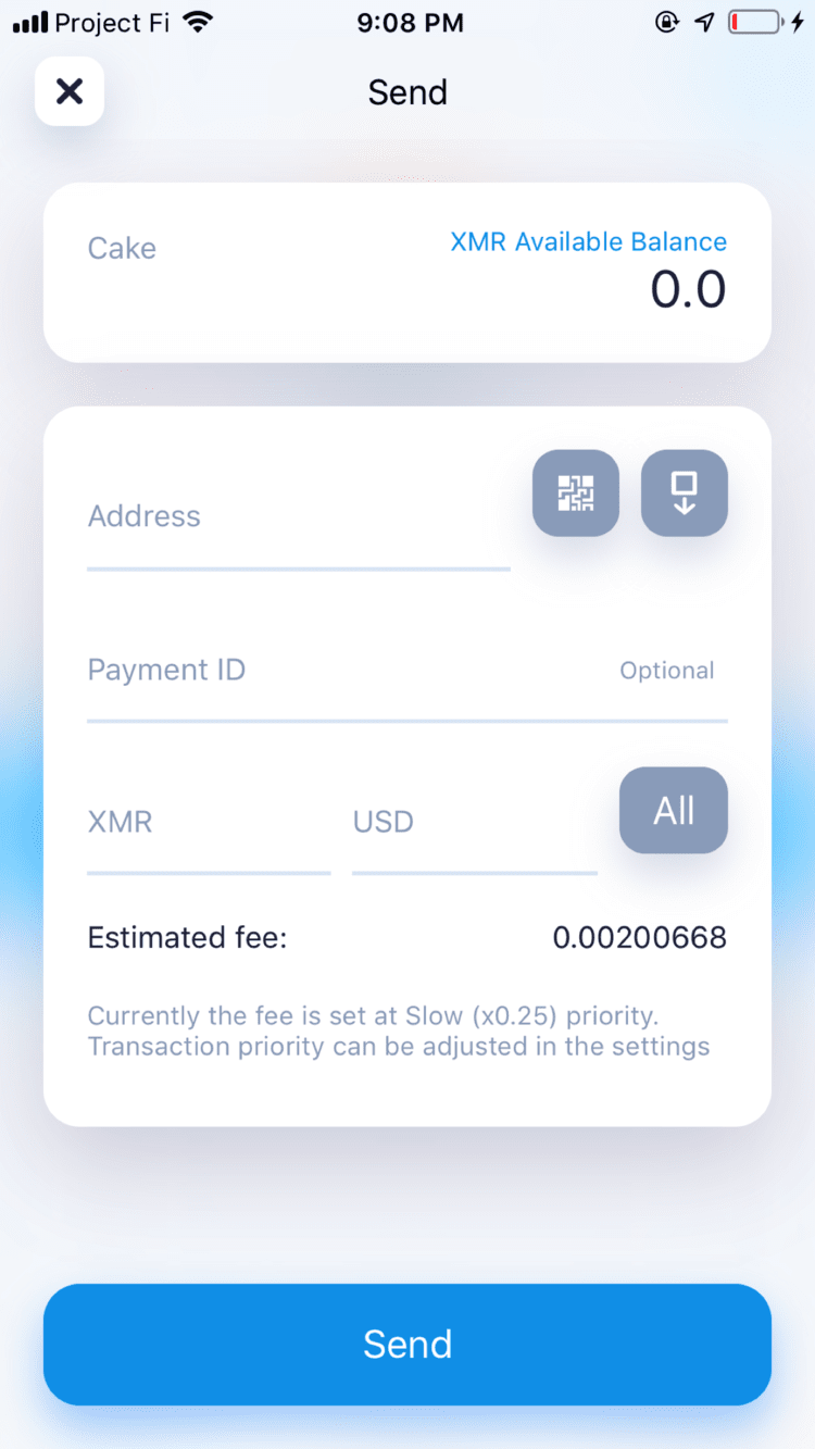 Cake Wallet, V 3.0.1, Sep 24, 2018 Cake Wallet send screen