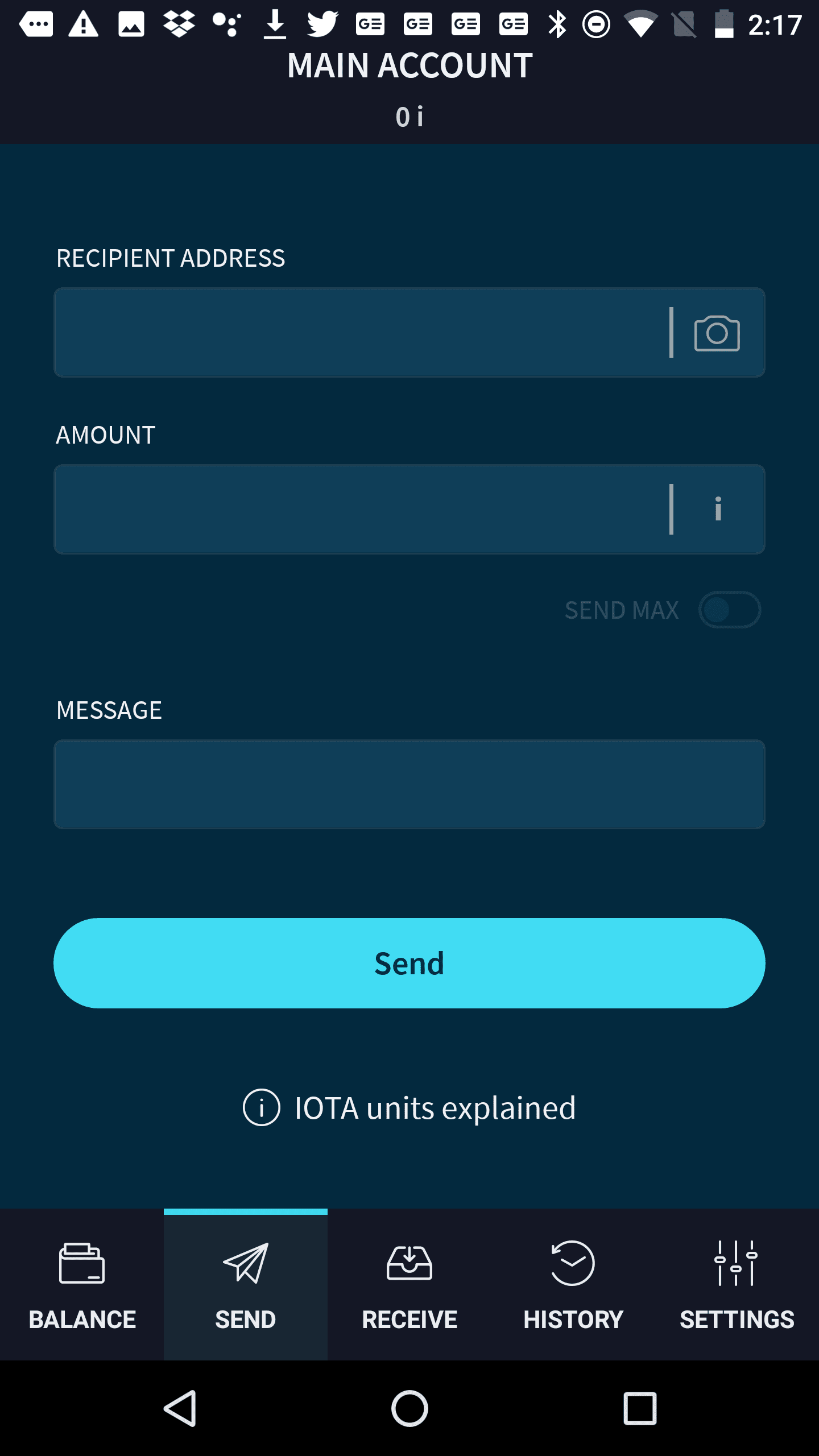 IOTA Trinity Wallet, V 0.5.0, September 14, 2018 Send screen in the IOTA app.