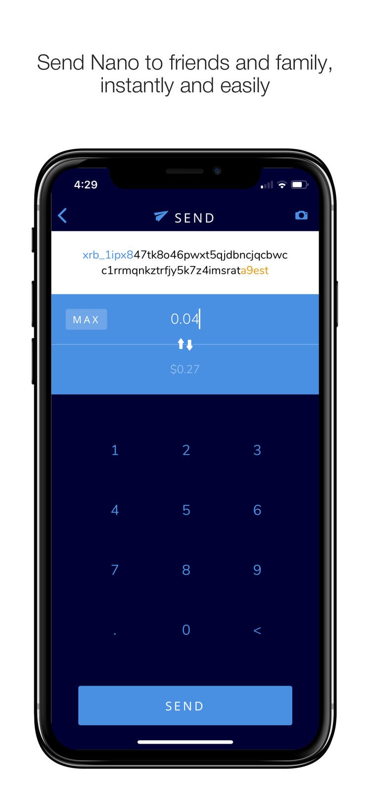 Nano wallet for iOS, V 1.0.1, July 25, 2018 Send screen in the Nano wallet app.