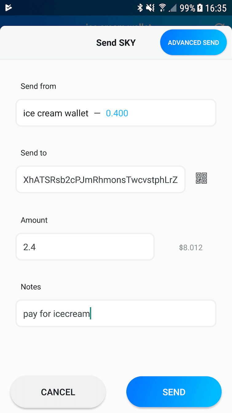Skycoin wallet app, V 1.1.1, August 20, 2018 Send screen in the Skycoin wallet app.