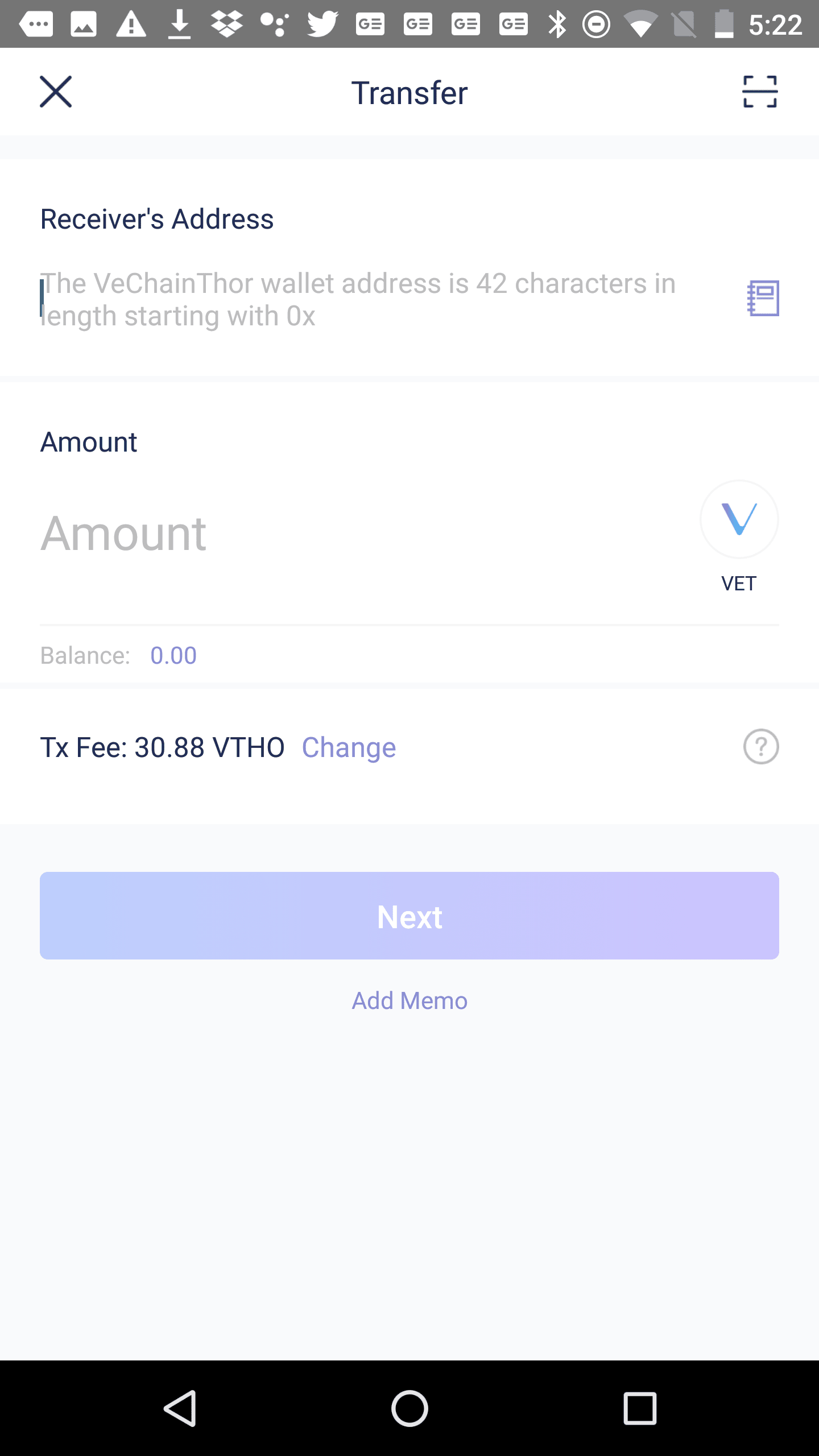 VeChainThor Wallet, V 1.2.0, September 7, 2018 Send screen in the VeChainThor app.