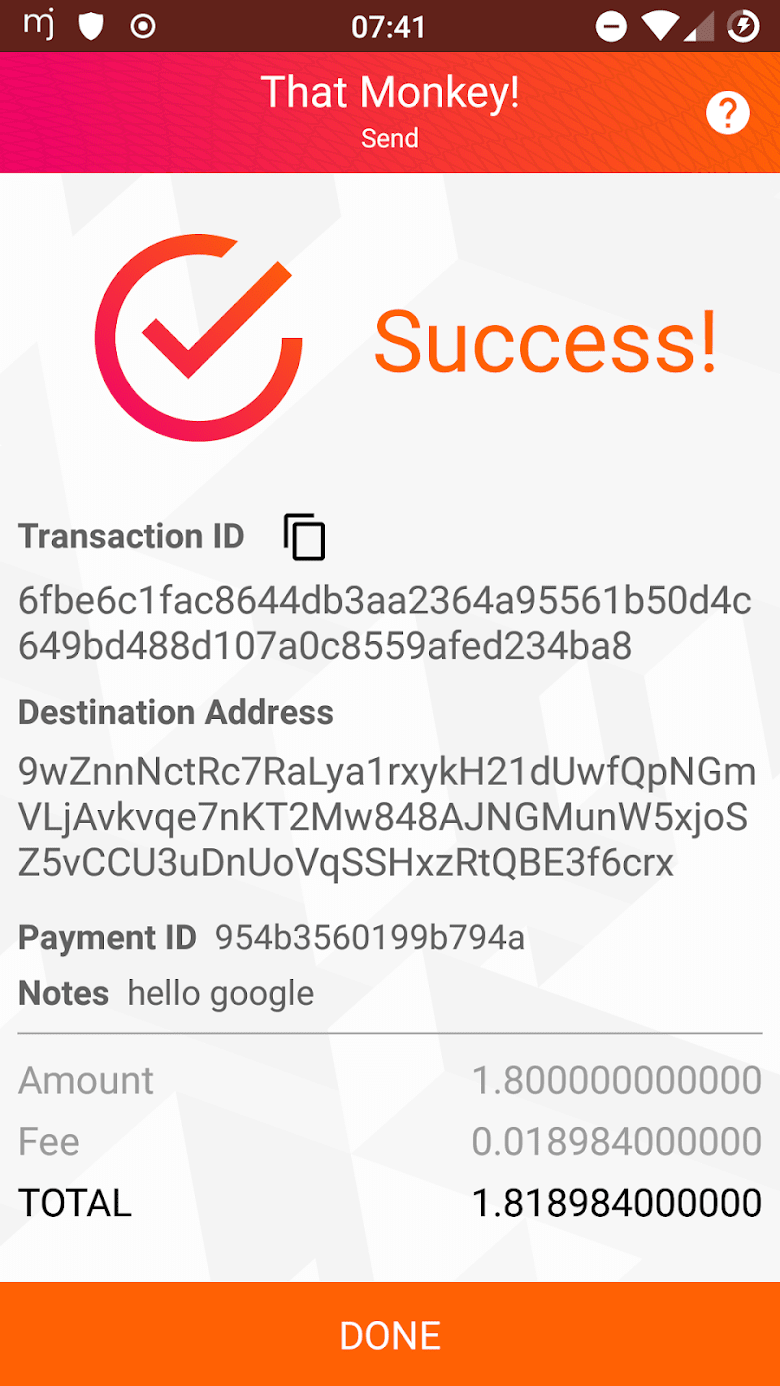 monerujo, V 1.6.4, August 20, 2018 Transaction details in the monerujo app.