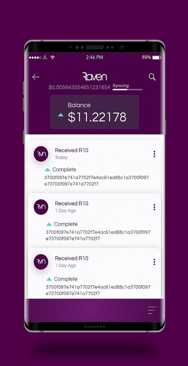 Ravencoin Android wallet, Version 1.1FI, September 4, 2018 Ravencoin app transactions