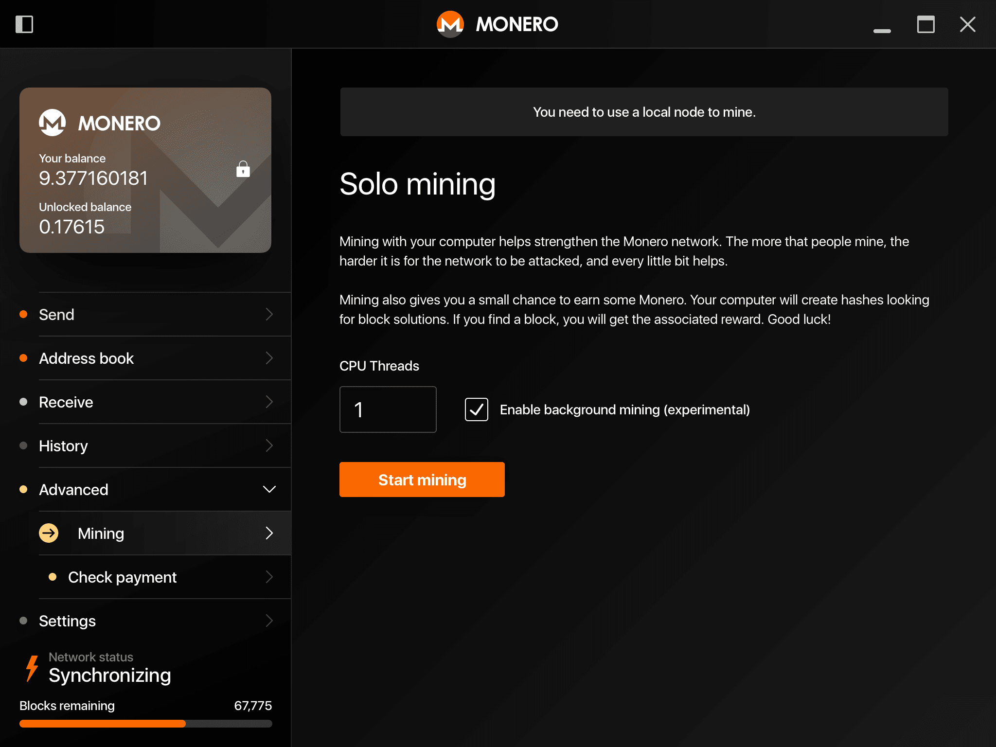 Mining screen in the Monero desktop wallet